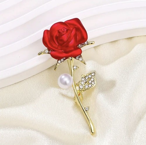 Red rose flower brooch pin - red,